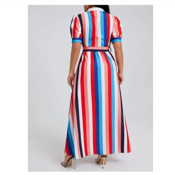 SHEIN VCAY Rainbow Striped Flap Pocket Belted Shirt Dress, Women, Small - Picture 2 of 5